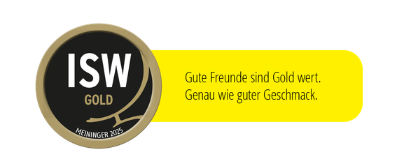Ein goldener Medaille mit der Aufschrift 'ISW GOLD' und dem Jahr 'Meiniger 2025' auf einem gelben Hintergrund.