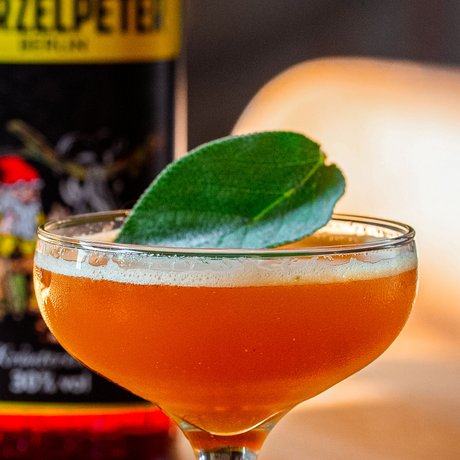 Ein elegantes Cocktailglas mit einem leuchtend orangefarbenen Getränk, garniert mit einem frischen Blatt.