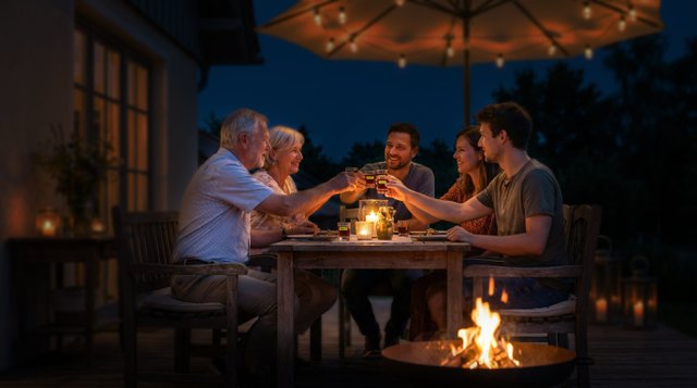 Eine Gruppe von Freunden sitzt an einem Tisch im Freien, umgeben von sanftem Licht und einer warmen Atmosphäre.