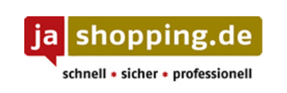 Das Logo von ja shopping.de zeigt eine moderne Schriftart in Rot und Gold, umgeben von einem Sprechblasen-Design.