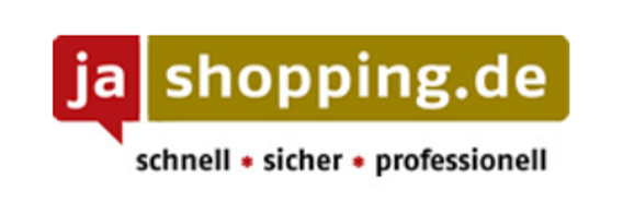 Das Logo von ja shopping.de zeigt eine moderne Schriftart in Rot und Gold, umgeben von einem Sprechblasen-Design.